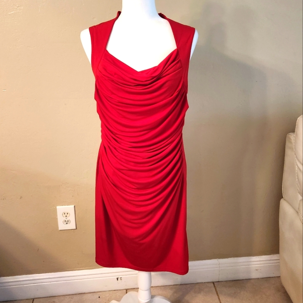 Red silk lined dress,  scrunch front. Scoop back